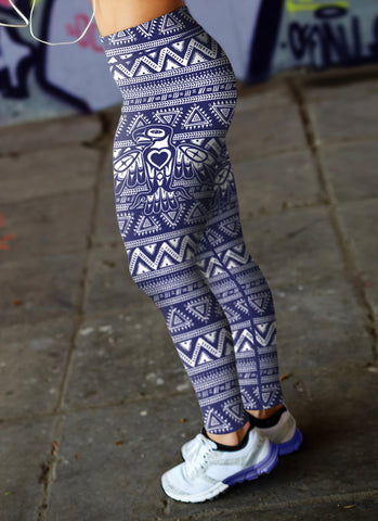 Image of Native Bird Pattern White and Blue Leggings