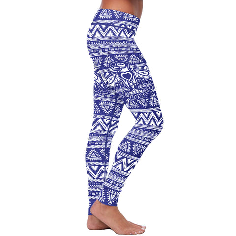Image of Native Bird Pattern White and Blue Leggings