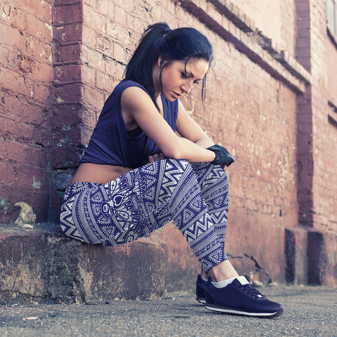 Image of Native Bird Pattern White and Blue Leggings