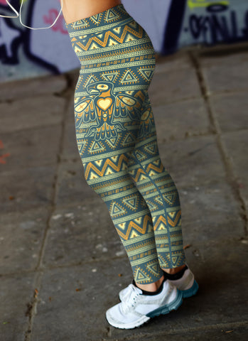 Image of Native Bird Pattern Blue and Orange Leggings