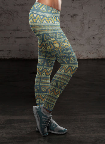 Image of Native Bird Pattern Blue and Orange Leggings
