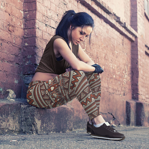 Image of Native Bird Pattern Brown and Orange Leggings