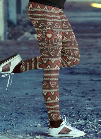 Image of Native Bird Pattern Brown and Orange Leggings