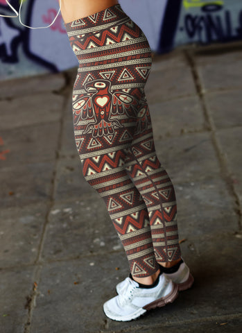 Image of Native Bird Pattern Brown and Orange Leggings