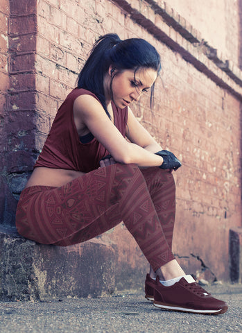 Image of Native Bird Pattern Burgundy Leggings