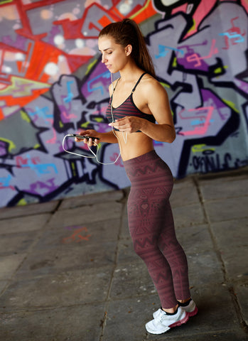 Image of Native Bird Pattern Burgundy Leggings