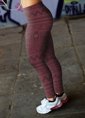 Image of Native Bird Pattern Burgundy Leggings