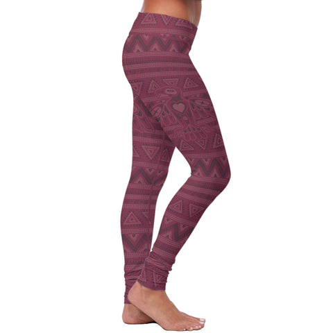 Image of Native Bird Pattern Burgundy Leggings