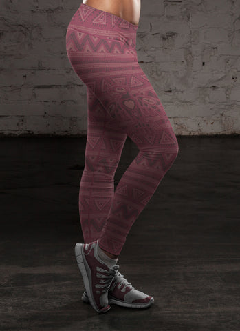 Image of Native Bird Pattern Burgundy Leggings