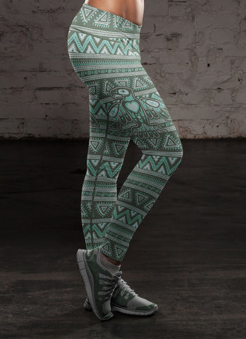Image of Native Bird Pattern Green Leggings