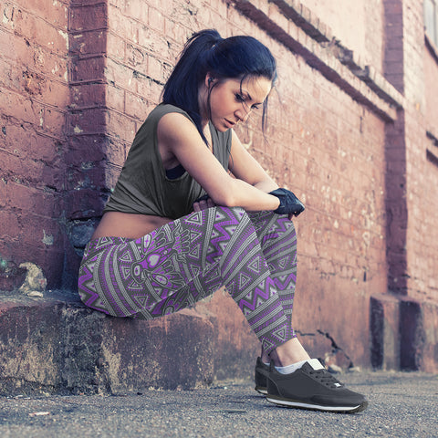 Image of Native Bird Pattern Purple and Gray Leggings