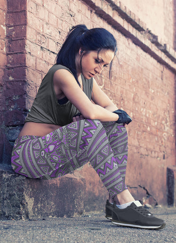 Image of Native Bird Pattern Purple and Gray Leggings