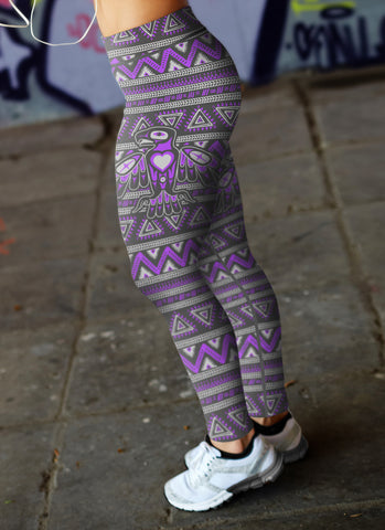 Image of Native Bird Pattern Purple and Gray Leggings