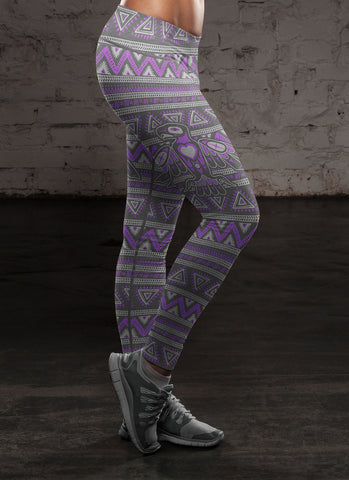Image of Native Bird Pattern Purple and Gray Leggings