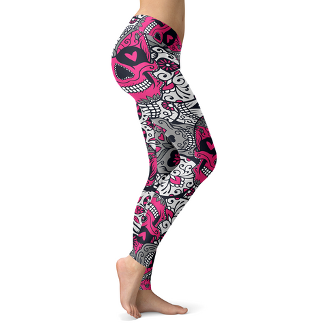 Image of Sugar Skull Pink and Silver Leggings Yoga Pants