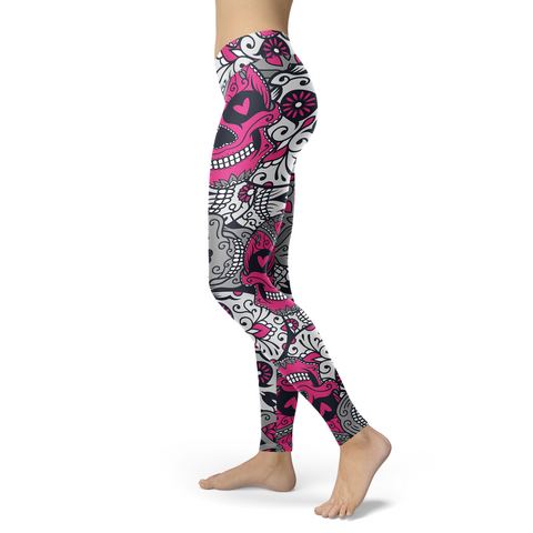 Image of Sugar Skull Pink and Silver Leggings Yoga Pants