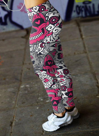 Image of Sugar Skull Leggings Pink and Silver