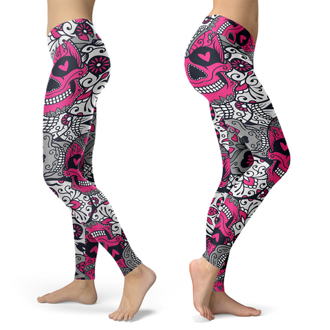 Image of Sugar Skull Pink and Silver Leggings Yoga Pants