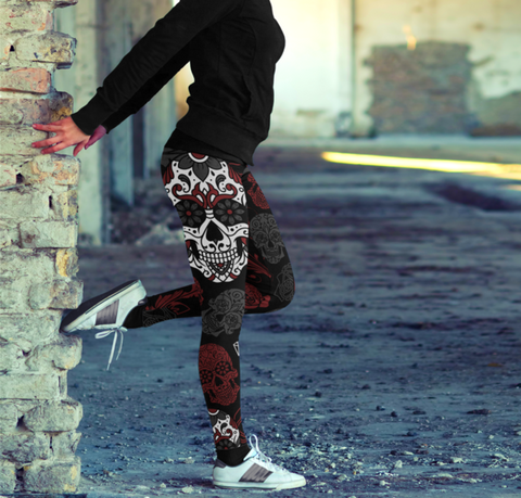 Image of Sugar Skull Black and Red Leggings Yoga Pants