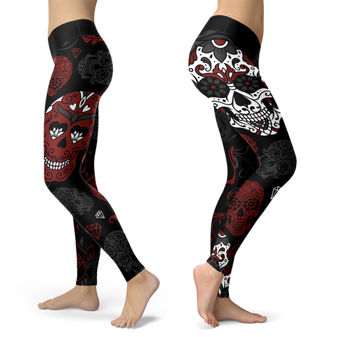 Image of Sugar Skull Black and Red Leggings Yoga Pants