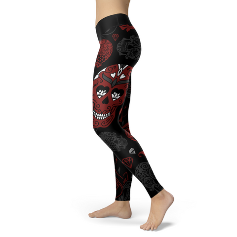 Image of Sugar Skull Black and Red Leggings Yoga Pants