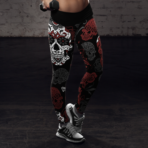 Image of Sugar Skull Leggings Black and Red