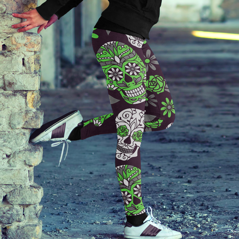 Image of Sugar Skull Green and Purple Leggings Yoga Pants