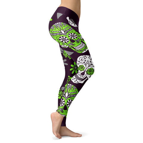 Image of Sugar Skull Leggings Green and Purple
