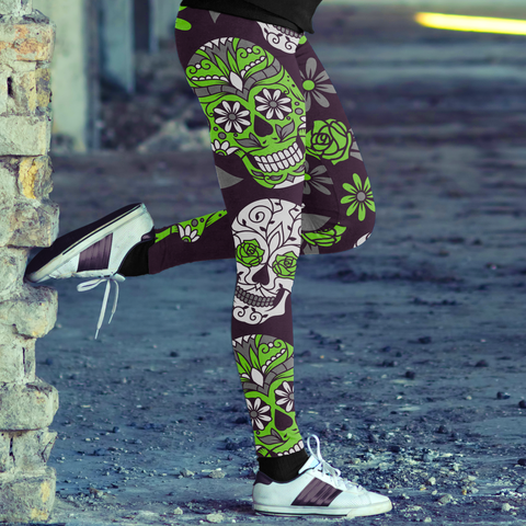 Image of Sugar Skull Green and Purple Leggings Yoga Pants
