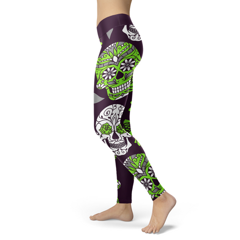 Image of Sugar Skull Green and Purple Leggings Yoga Pants