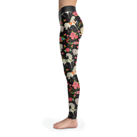 Image of Horse Leggings Horses and Pink Flowers