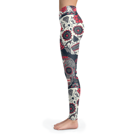 Image of Sugar Skull and Red Rose Printed Leggings Yoga Pants