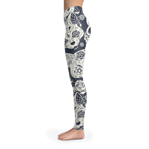 Image of Sugar Skull Black and White Cats Leggings Yoga Pants