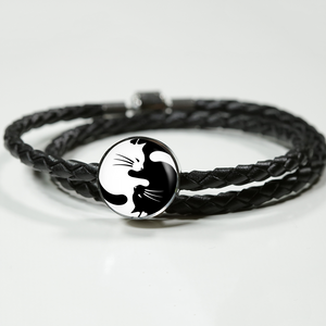 Yinyang Cats Unisex Leather Charm Bracelet
