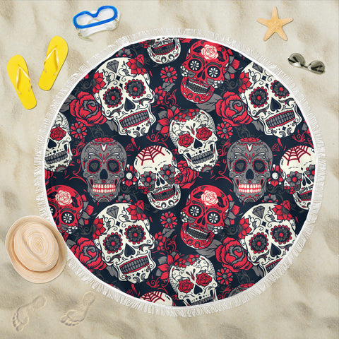 Image of Sugar Skull Red Rose Beach Blanket