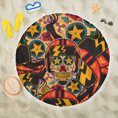 Image of Biker Sugar Skull Beach Blanket Towel