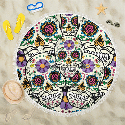 Image of Violet Sugar Skull Beach Towel Blanket
