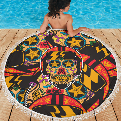 Image of Biker Sugar Skull Beach Blanket Towel