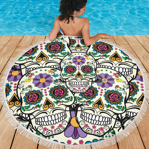 Image of Violet Sugar Skull Beach Towel Blanket