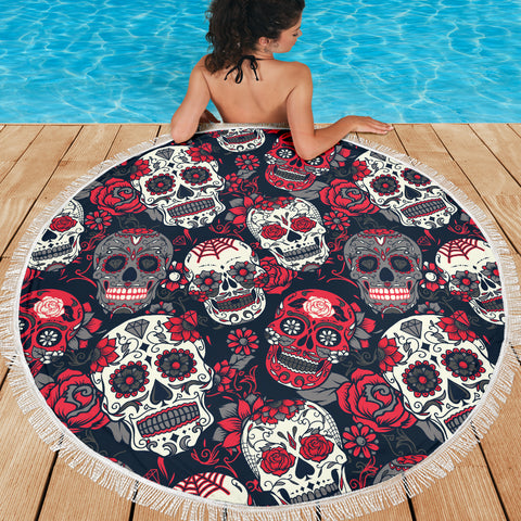 Image of Sugar Skull Red Rose Beach Blanket