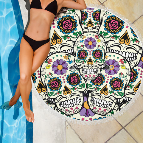 Image of Violet Sugar Skull Beach Towel Blanket