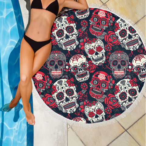 Image of Sugar Skull Red Rose Beach Blanket