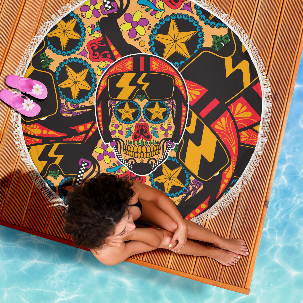 Biker Sugar Skull Beach Blanket Towel