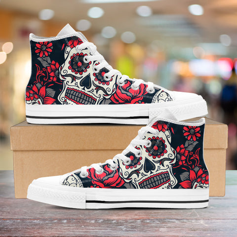 Image of Sugar Skull Red Rose High Top Shoes White