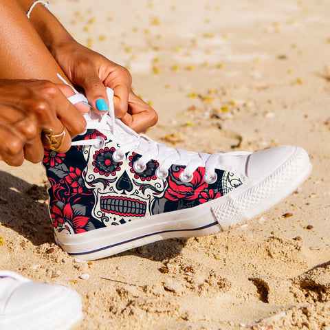 Image of Sugar Skull Red Rose High Top Shoes White