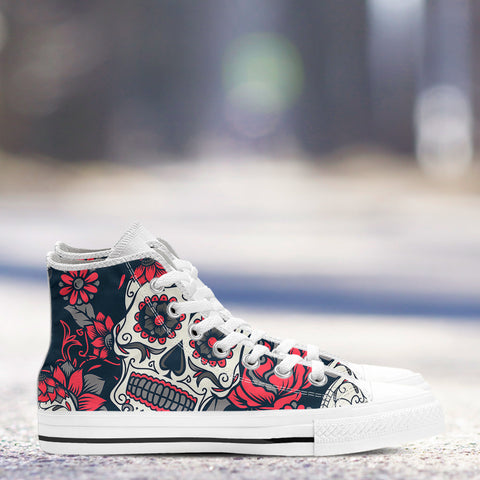 Image of Sugar Skull Red Rose High Top Shoes White