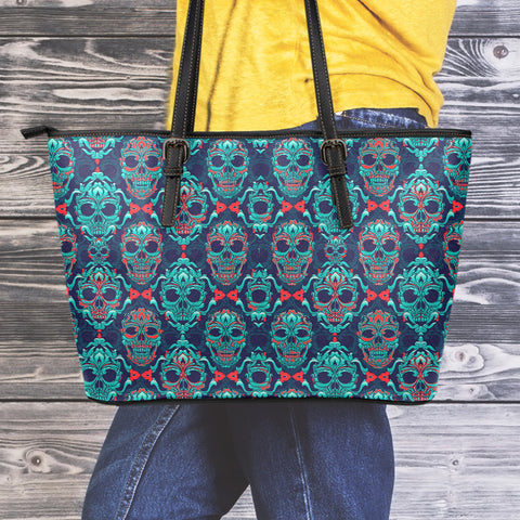 Image of Ornamental Sugar Skull Leather Tote Bag