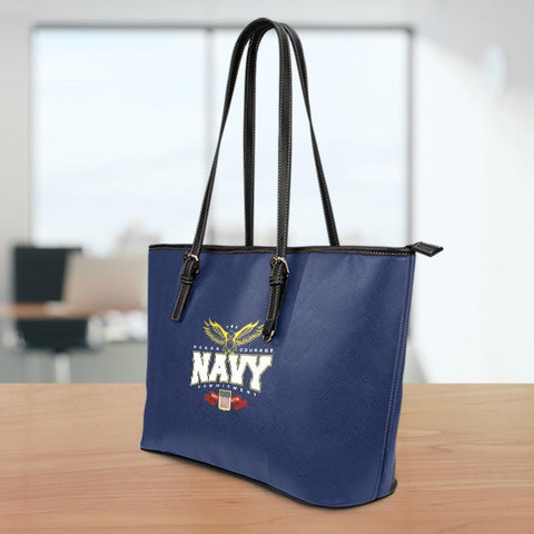 Image of Navy Small Leather Tote Bag