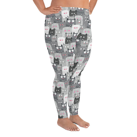 Image of Cats Leggings Gray and White Plus Size
