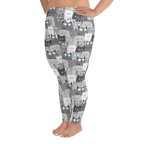 Image of Cats Leggings Gray and White Plus Size